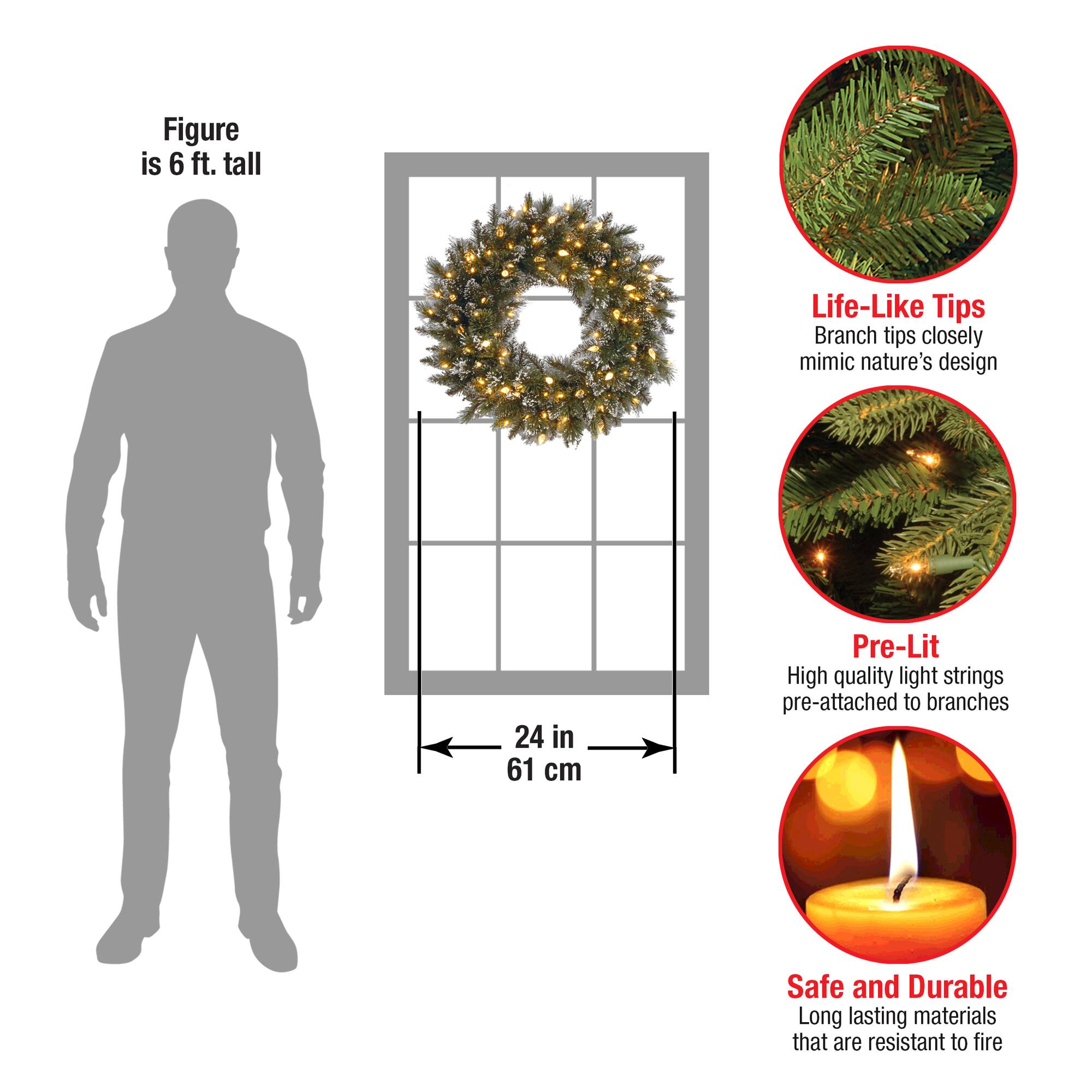 24" Glittery Bristle® Pine Wreath with Warm White LED Lights